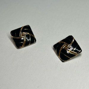 VINTAGE Black Enamel Gold tone Square Clip On Earrings